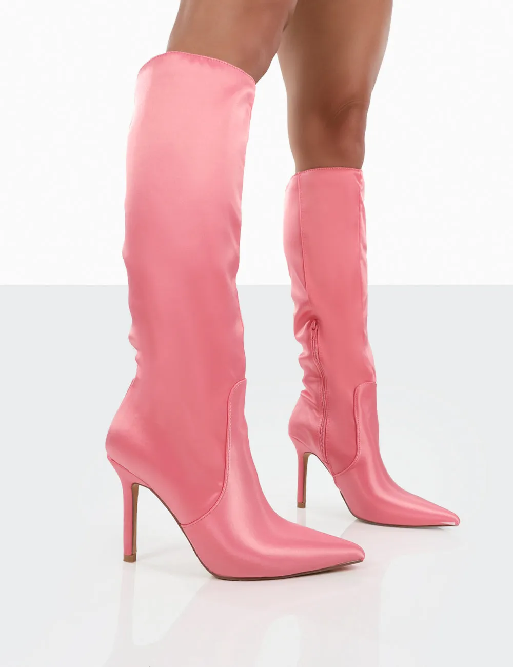 Best Believe Pink Satin Pointed Toe Heeled Knee High Boots