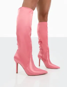 Best Believe Pink Satin Pointed Toe Heeled Knee High Boots