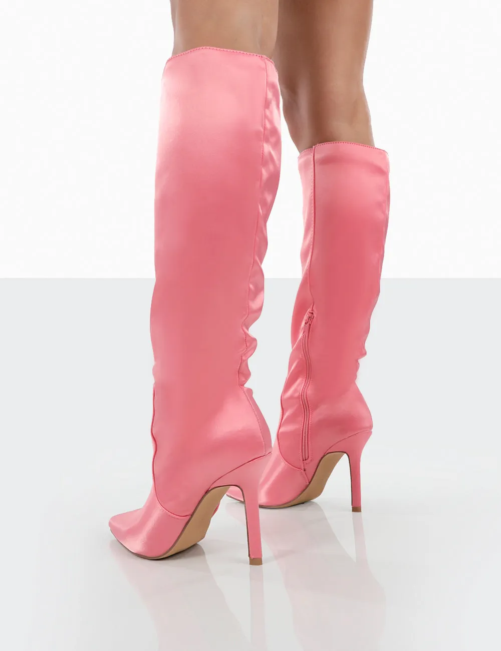 Best Believe Pink Satin Pointed Toe Heeled Knee High Boots