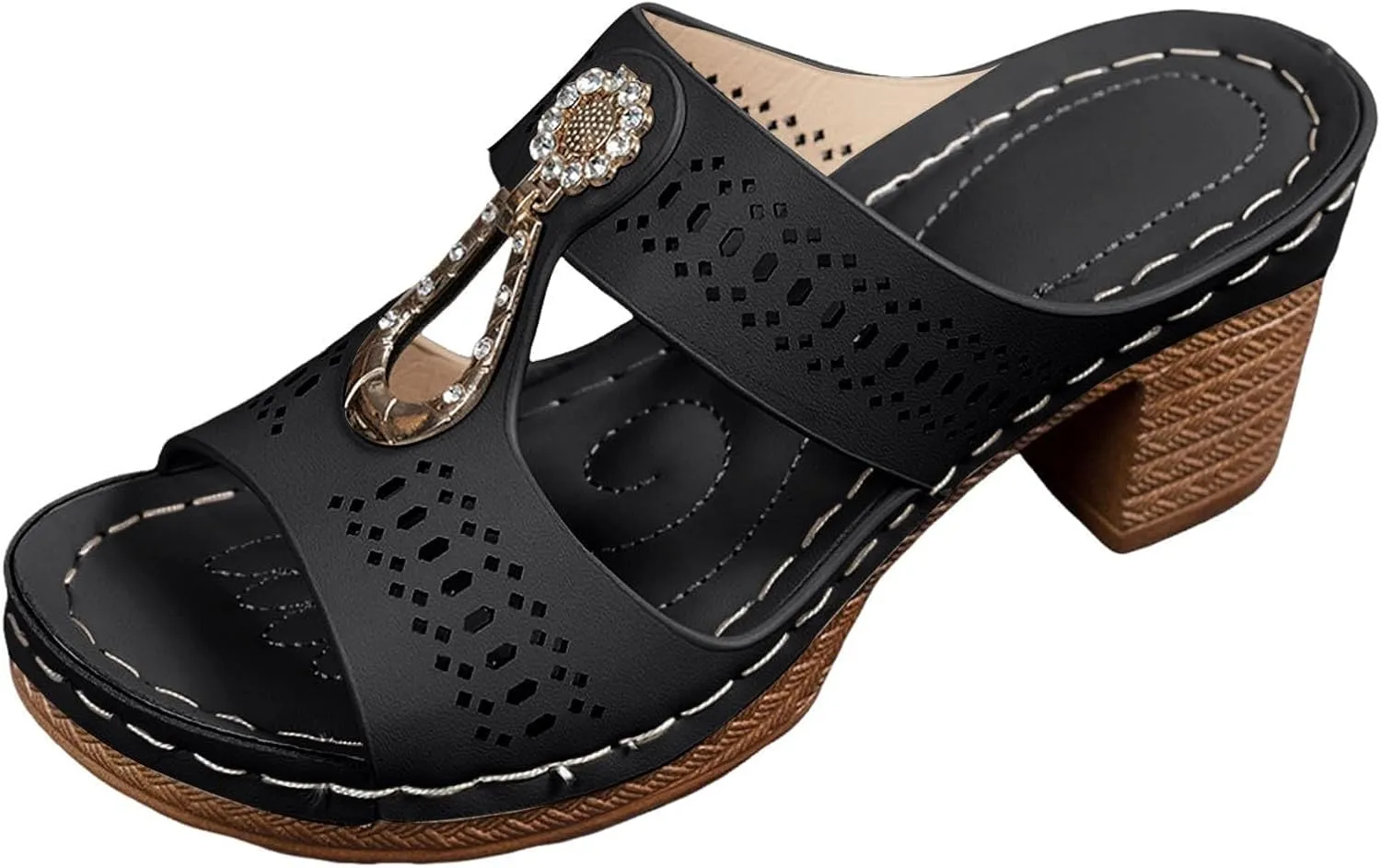 Chunky Heel Sandals for Women Orthopedic Rhinestones Heel Sandals Dressy Summer Open Toe Hollow Out Wedges Comfortable Slip On Chunky Heels Trendy Metal Ring Dress Shoes