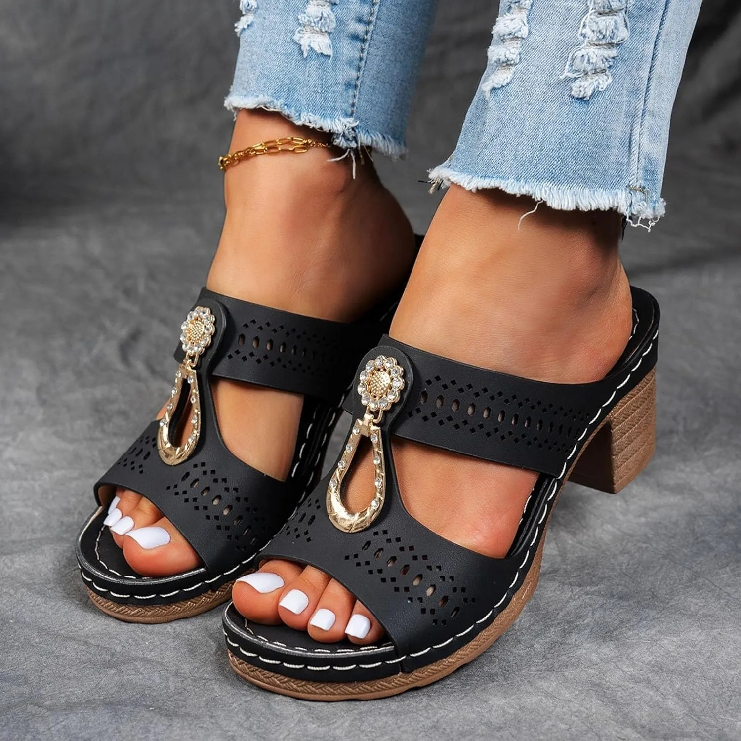 Chunky Heel Sandals for Women Orthopedic Rhinestones Heel Sandals Dressy Summer Open Toe Hollow Out Wedges Comfortable Slip On Chunky Heels Trendy Metal Ring Dress Shoes