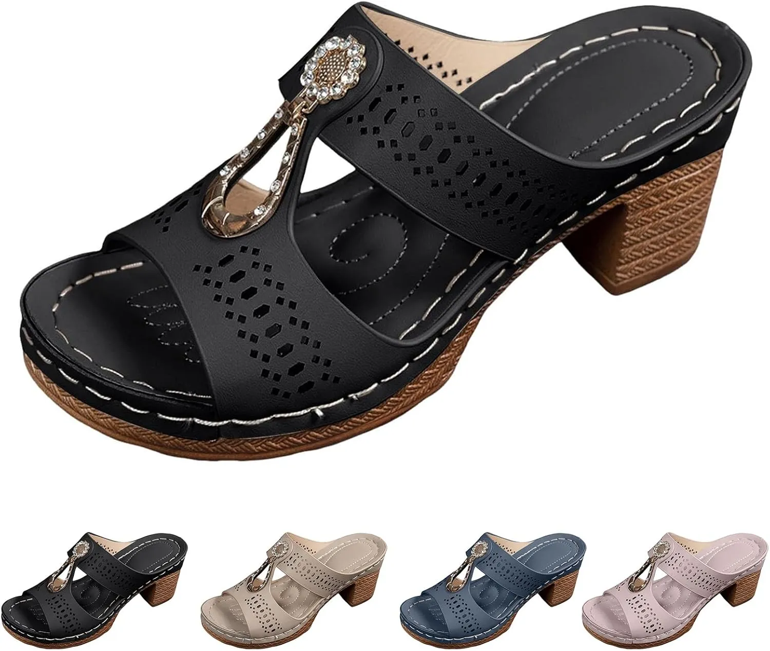 Chunky Heel Sandals for Women Orthopedic Rhinestones Heel Sandals Dressy Summer Open Toe Hollow Out Wedges Comfortable Slip On Chunky Heels Trendy Metal Ring Dress Shoes