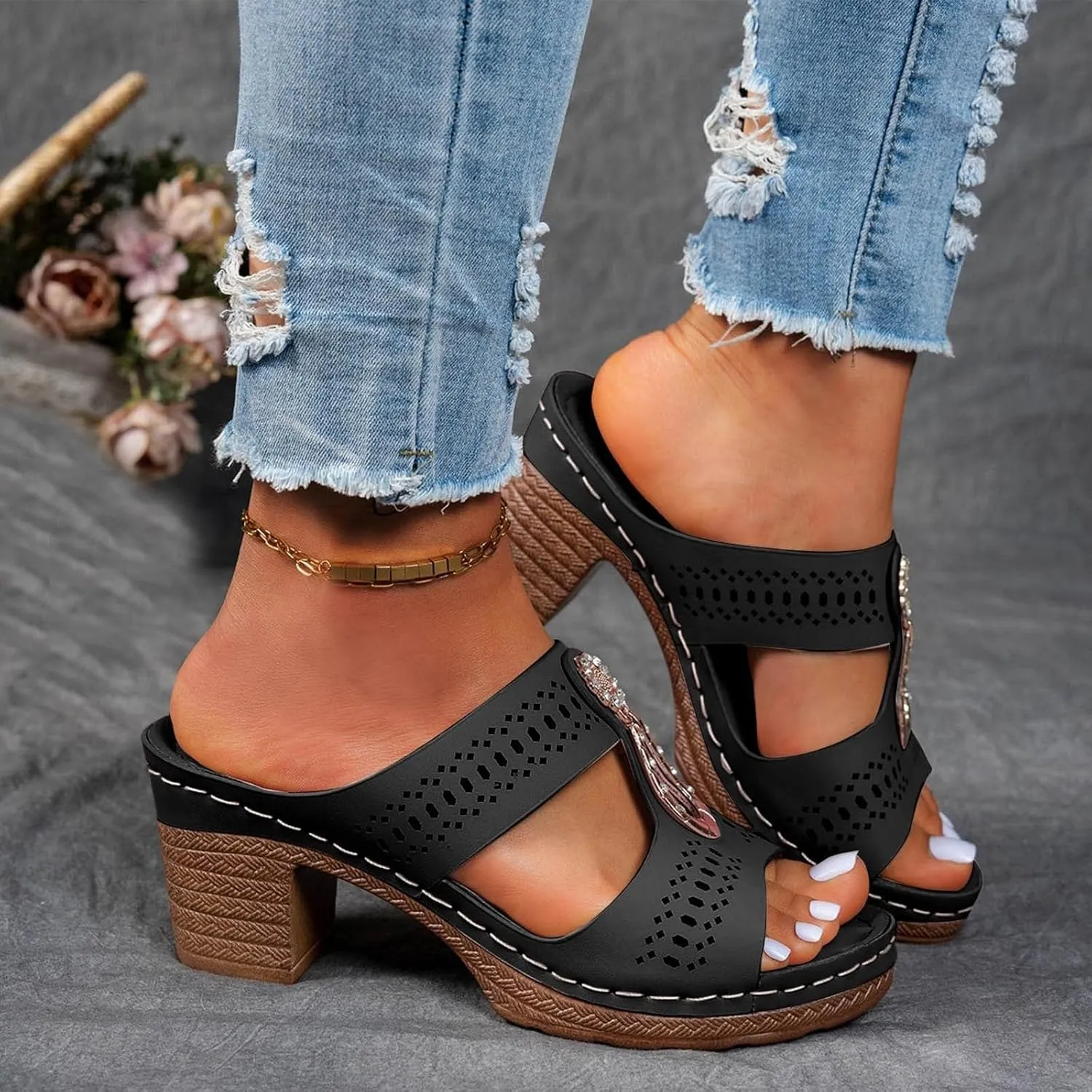 Chunky Heel Sandals for Women Orthopedic Rhinestones Heel Sandals Dressy Summer Open Toe Hollow Out Wedges Comfortable Slip On Chunky Heels Trendy Metal Ring Dress Shoes