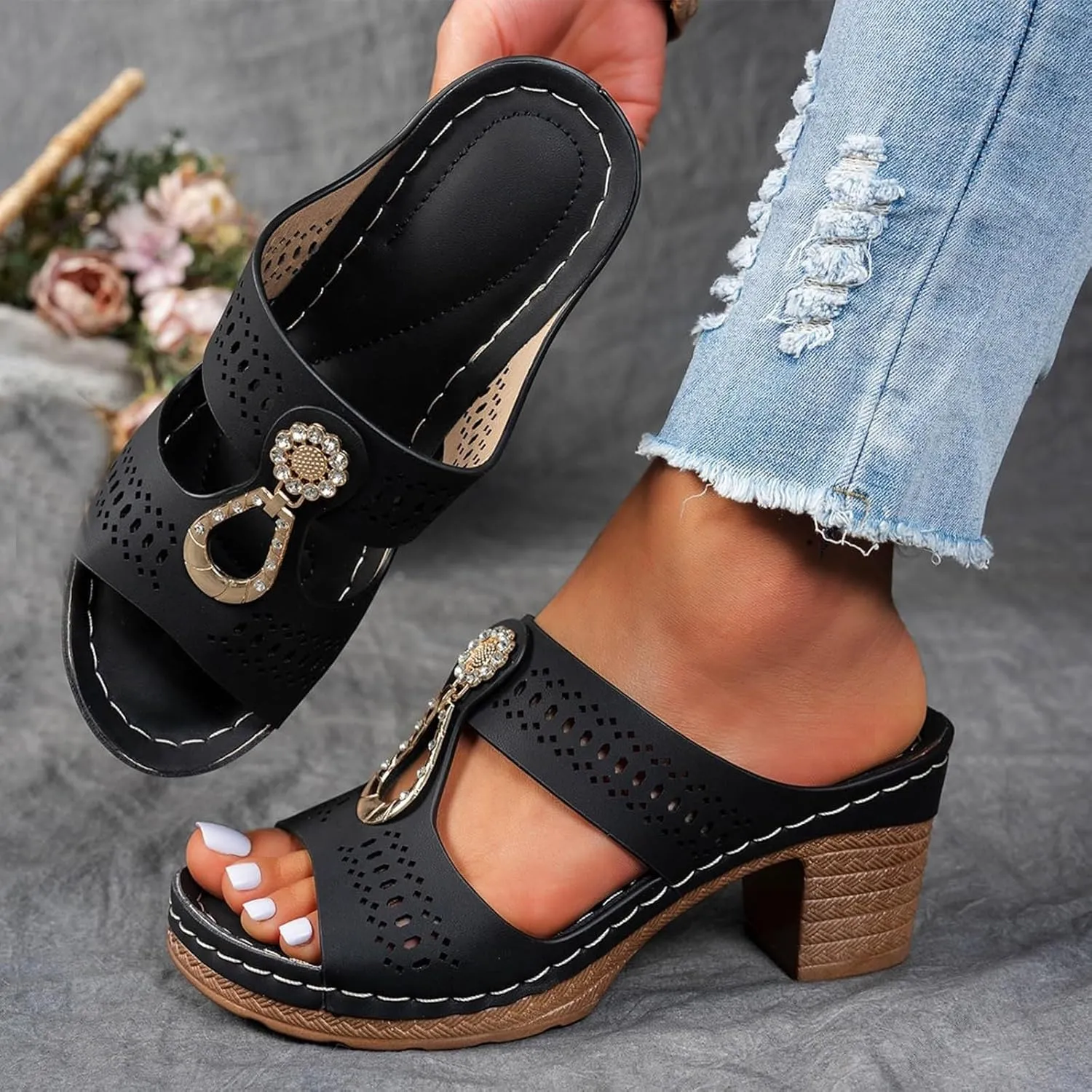 Chunky Heel Sandals for Women Orthopedic Rhinestones Heel Sandals Dressy Summer Open Toe Hollow Out Wedges Comfortable Slip On Chunky Heels Trendy Metal Ring Dress Shoes