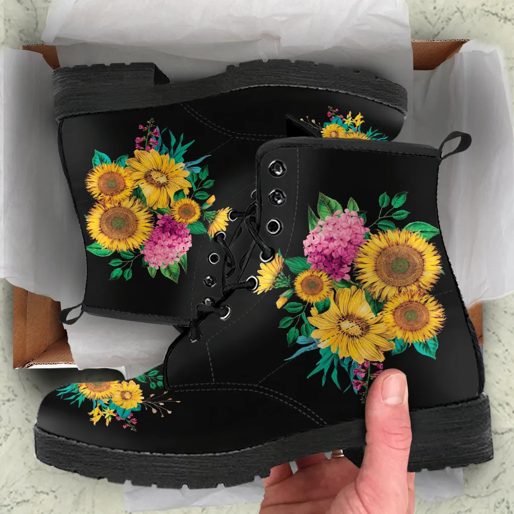 Combat Boots - Sunflowers #11 | Women's Black Boots, Handmade Lace Up Boots, Women's Boots, Custom Shoes, Vegan Leather, Sunflower Shoes