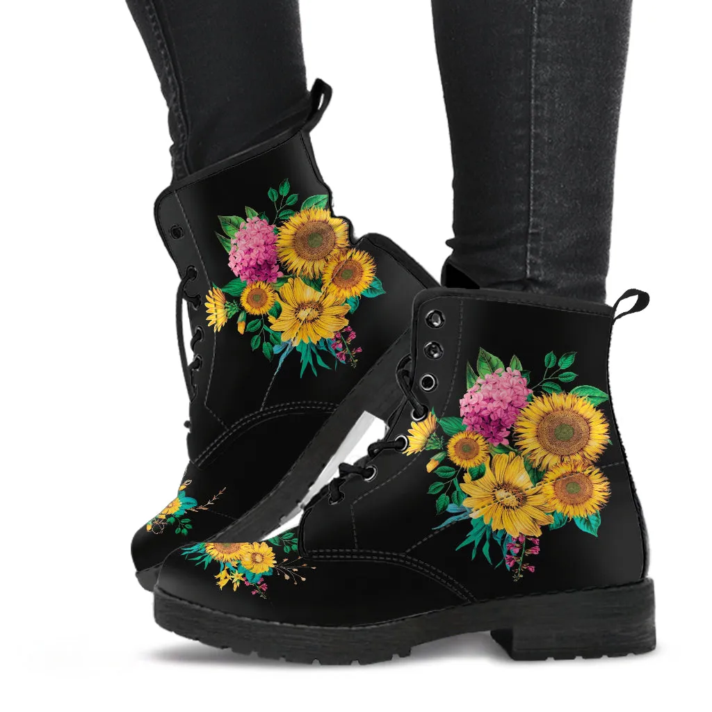 Combat Boots - Sunflowers #11 | Women's Black Boots, Handmade Lace Up Boots, Women's Boots, Custom Shoes, Vegan Leather, Sunflower Shoes