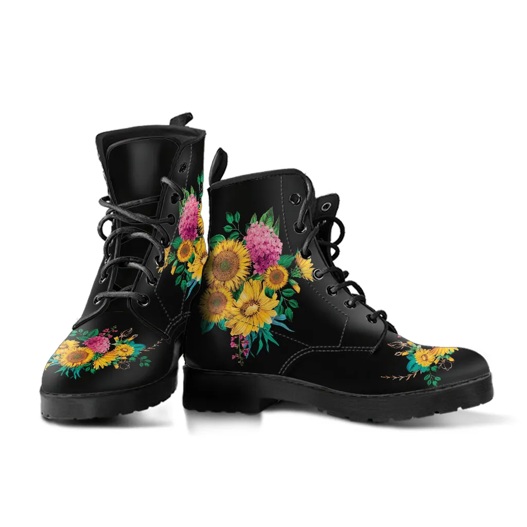 Combat Boots - Sunflowers #11 | Women's Black Boots, Handmade Lace Up Boots, Women's Boots, Custom Shoes, Vegan Leather, Sunflower Shoes
