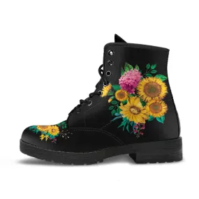 Combat Boots - Sunflowers #11 | Women's Black Boots, Handmade Lace Up Boots, Women's Boots, Custom Shoes, Vegan Leather, Sunflower Shoes