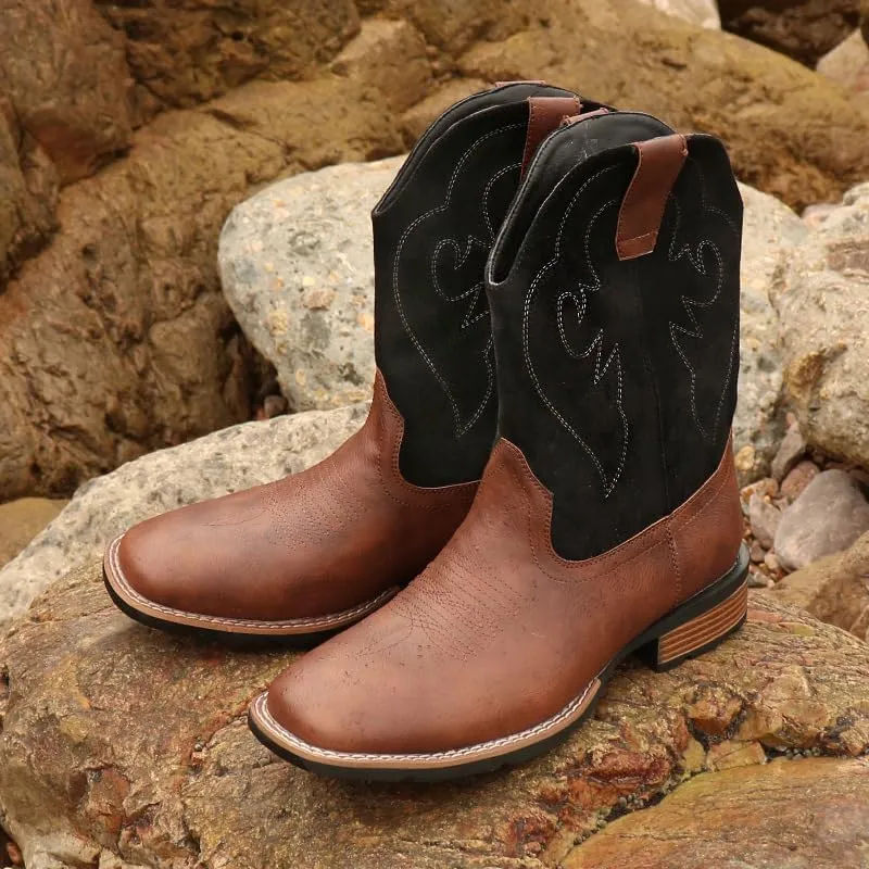 Cowboy Boots for Men Western Boot Durable Classic Embroidered Slip Resistant Square Toe Chunky Heel Ankle Boots Fashionable Retro Short Boots