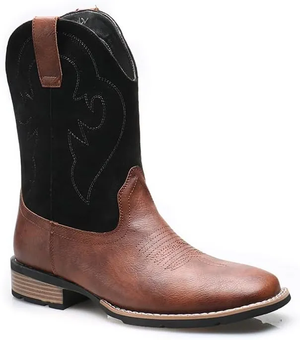 Cowboy Boots for Men Western Boot Durable Classic Embroidered Slip Resistant Square Toe Chunky Heel Ankle Boots Fashionable Retro Short Boots