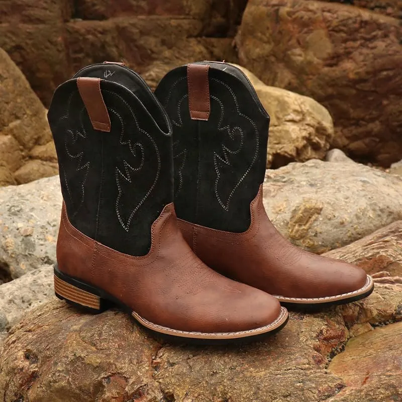 Cowboy Boots for Men Western Boot Durable Classic Embroidered Slip Resistant Square Toe Chunky Heel Ankle Boots Fashionable Retro Short Boots