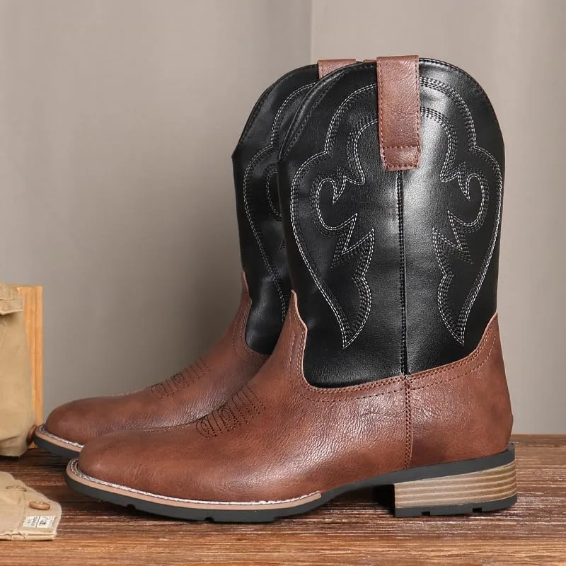 Cowboy Boots for Men Western Boot Durable Classic Embroidered Slip Resistant Square Toe Chunky Heel Ankle Boots Fashionable Retro Short Boots