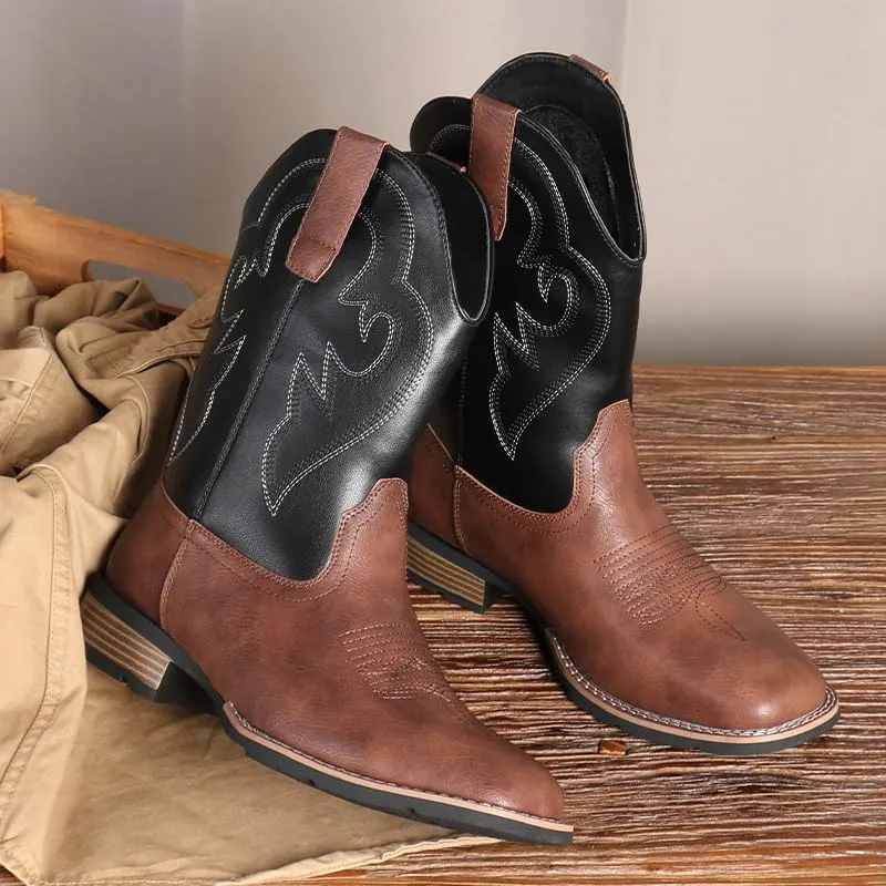 Cowboy Boots for Men Western Boot Durable Classic Embroidered Slip Resistant Square Toe Chunky Heel Ankle Boots Fashionable Retro Short Boots