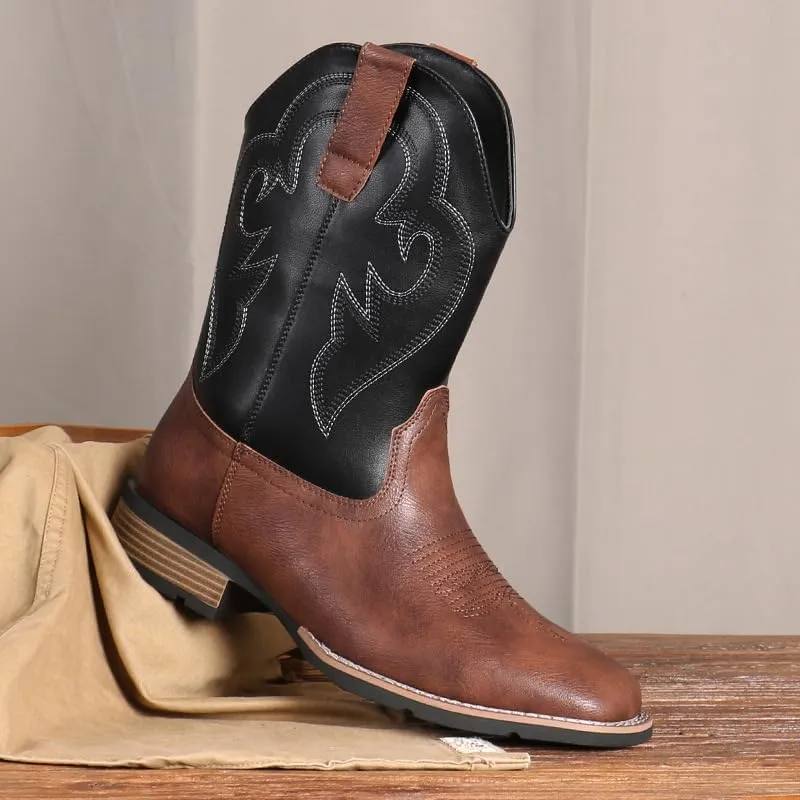 Cowboy Boots for Men Western Boot Durable Classic Embroidered Slip Resistant Square Toe Chunky Heel Ankle Boots Fashionable Retro Short Boots