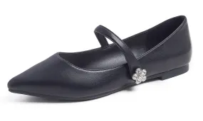 Feversole Women's Pointed Mary Jane Shoes Fashion Strap Buckle Slip On Flats Vegan Leather Flower Buckle