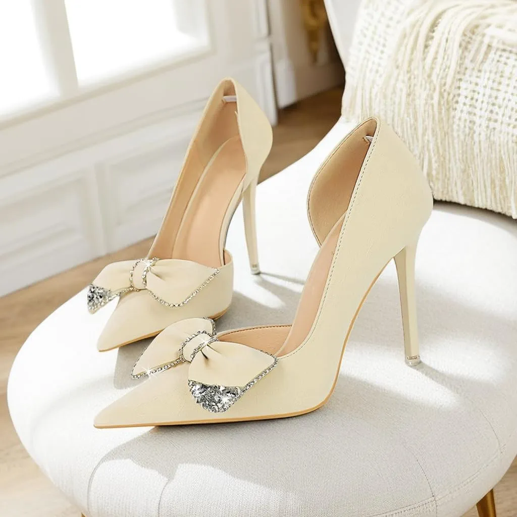 JOEupin Women's Pointed Toe High Heels Sparkly Rhinestone Bow Stiletto Pumps Elegant D'Orsay Wedding Bridal Party Dress Shoes