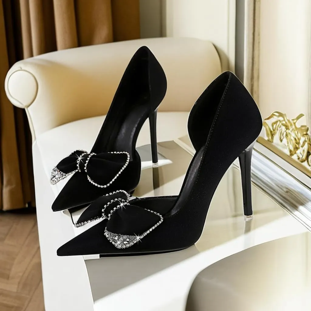 JOEupin Women's Pointed Toe High Heels Sparkly Rhinestone Bow Stiletto Pumps Elegant D'Orsay Wedding Bridal Party Dress Shoes