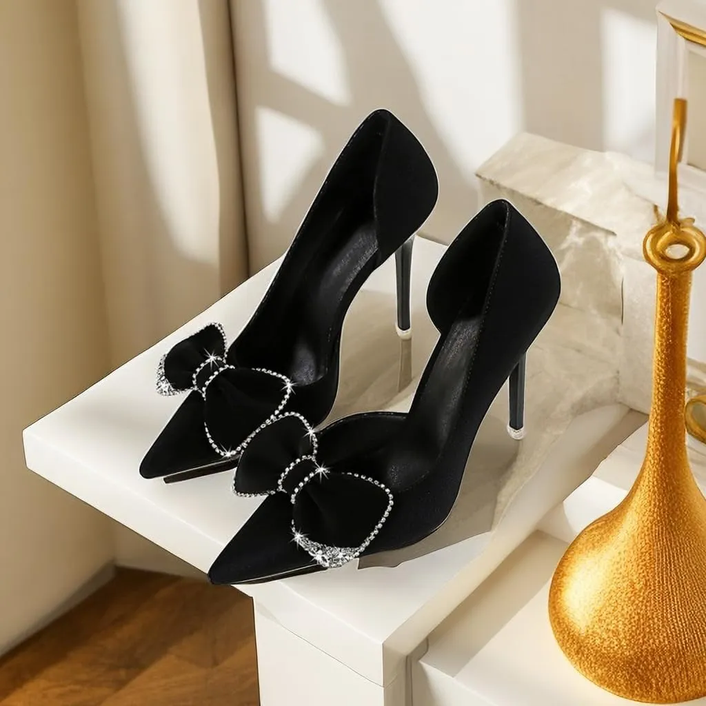 JOEupin Women's Pointed Toe High Heels Sparkly Rhinestone Bow Stiletto Pumps Elegant D'Orsay Wedding Bridal Party Dress Shoes