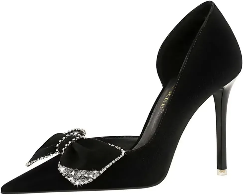 JOEupin Women's Pointed Toe High Heels Sparkly Rhinestone Bow Stiletto Pumps Elegant D'Orsay Wedding Bridal Party Dress Shoes