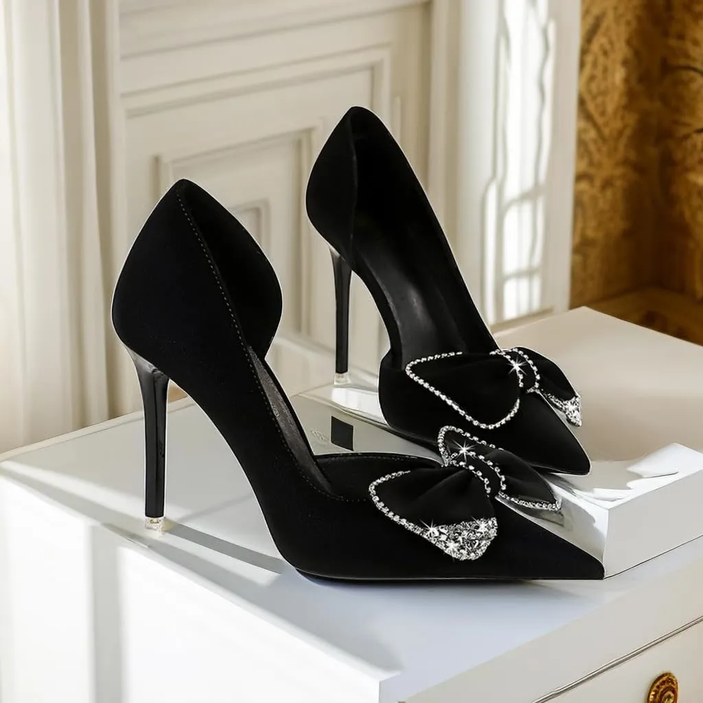 JOEupin Women's Pointed Toe High Heels Sparkly Rhinestone Bow Stiletto Pumps Elegant D'Orsay Wedding Bridal Party Dress Shoes