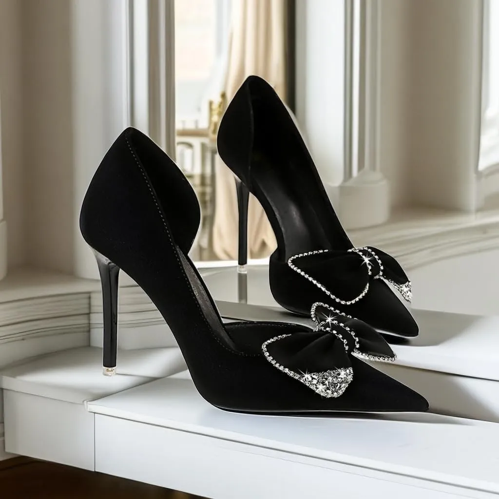 JOEupin Women's Pointed Toe High Heels Sparkly Rhinestone Bow Stiletto Pumps Elegant D'Orsay Wedding Bridal Party Dress Shoes