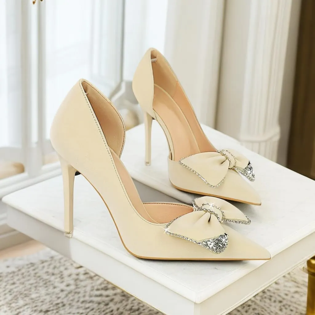 JOEupin Women's Pointed Toe High Heels Sparkly Rhinestone Bow Stiletto Pumps Elegant D'Orsay Wedding Bridal Party Dress Shoes