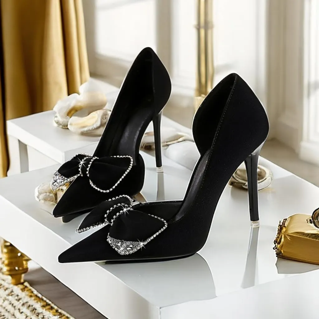 JOEupin Women's Pointed Toe High Heels Sparkly Rhinestone Bow Stiletto Pumps Elegant D'Orsay Wedding Bridal Party Dress Shoes