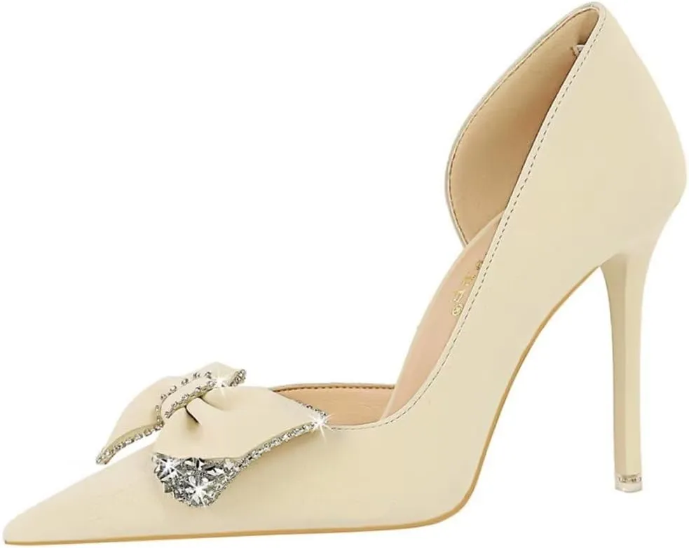 JOEupin Women's Pointed Toe High Heels Sparkly Rhinestone Bow Stiletto Pumps Elegant D'Orsay Wedding Bridal Party Dress Shoes