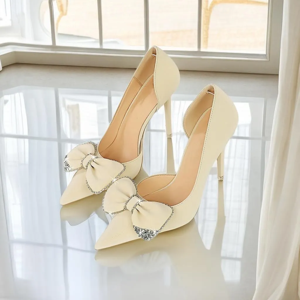 JOEupin Women's Pointed Toe High Heels Sparkly Rhinestone Bow Stiletto Pumps Elegant D'Orsay Wedding Bridal Party Dress Shoes