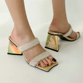 Joskaa 2024 Summer Bohemian Stylish Lady Chunky High Heels Shoes Open Toe Crystal Double Strap Sandals Slides Mules Women Hoco Shoes
