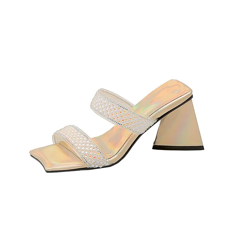 Joskaa 2024 Summer Bohemian Stylish Lady Chunky High Heels Shoes Open Toe Crystal Double Strap Sandals Slides Mules Women Hoco Shoes