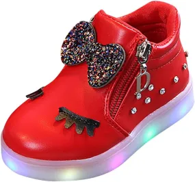 Kids Baby Girls Shoes Sneakers Crystal LED Light Up Luminous Bowknot Sneakers Winter Warmfor Boots 1-6 T