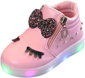 Kids Baby Girls Shoes Sneakers Crystal LED Light Up Luminous Bowknot Sneakers Winter Warmfor Boots 1-6 T