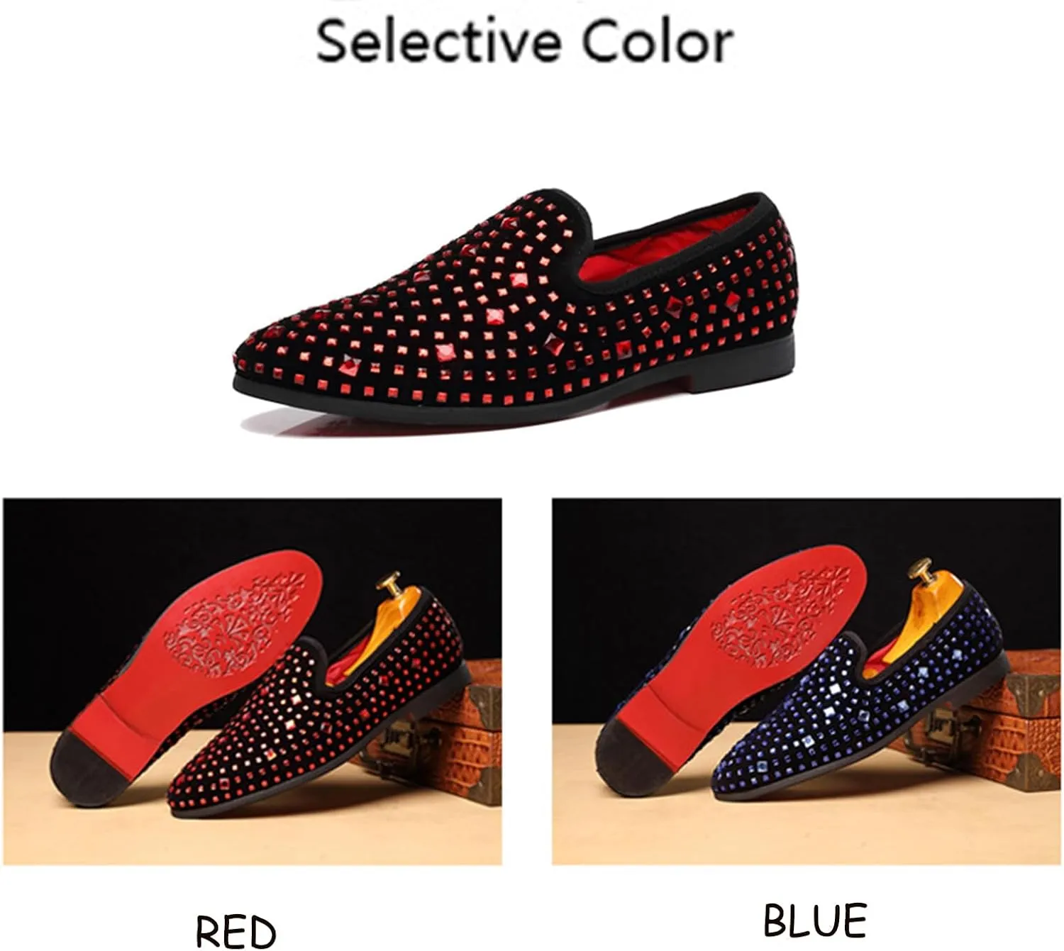Men's Glitter Rhinestone Slip-On Loafers, Classic Suede Tuxedo Dress Shoes Moccasin Party Wedding Penny Sequin Shoes.