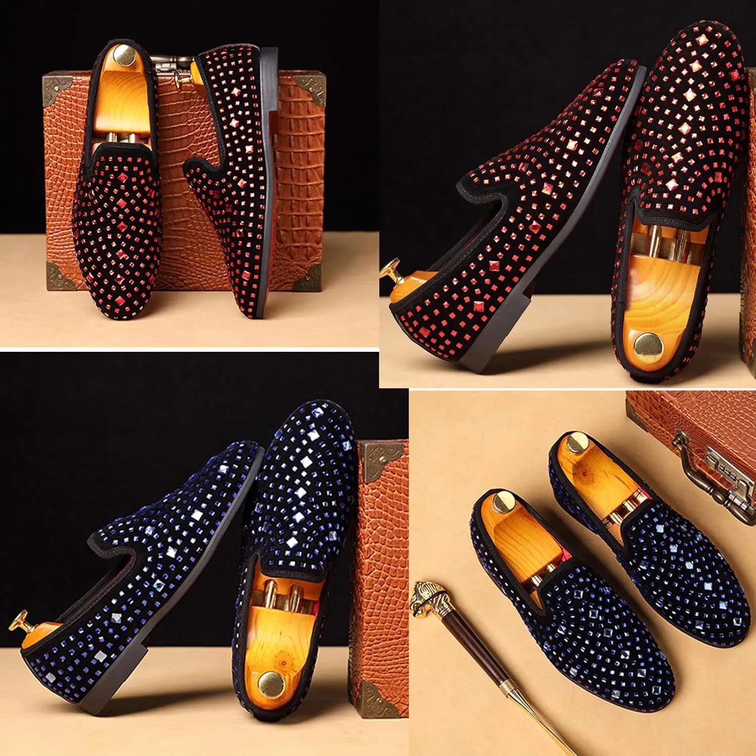 Men's Glitter Rhinestone Slip-On Loafers, Classic Suede Tuxedo Dress Shoes Moccasin Party Wedding Penny Sequin Shoes.