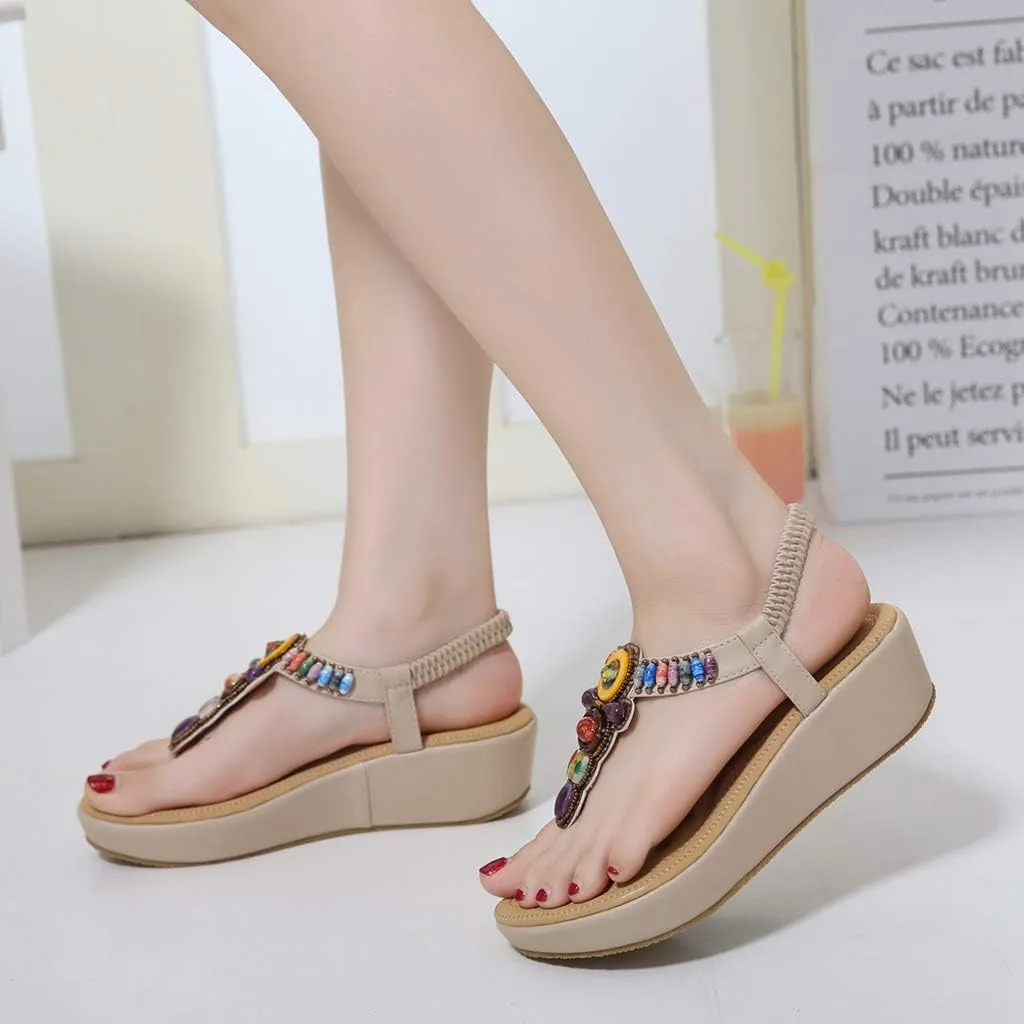 MIOKE Women's Bohemia Beaded Wedge Sandals Summer Beach T-strap Thong Elastic Platform Flip Flops Shoes