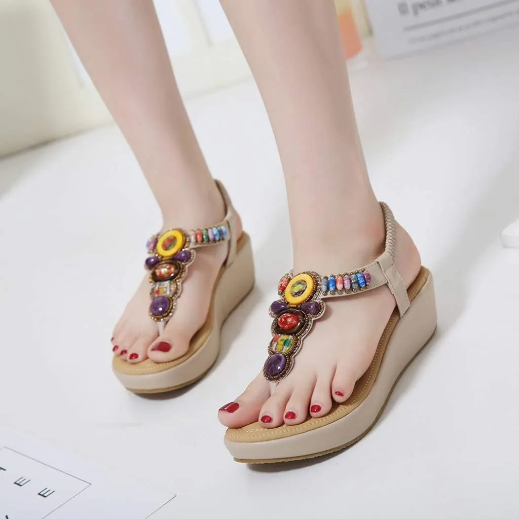 MIOKE Women's Bohemia Beaded Wedge Sandals Summer Beach T-strap Thong Elastic Platform Flip Flops Shoes