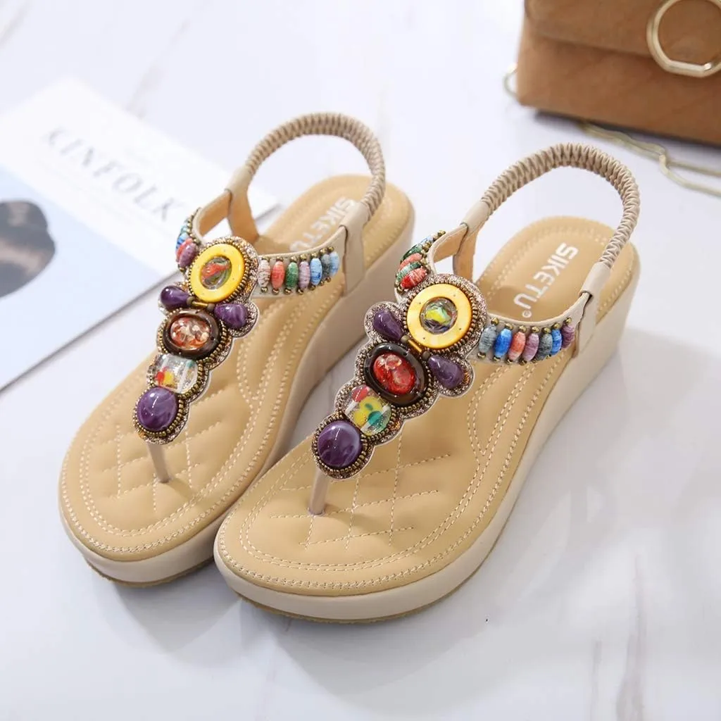 MIOKE Women's Bohemia Beaded Wedge Sandals Summer Beach T-strap Thong Elastic Platform Flip Flops Shoes
