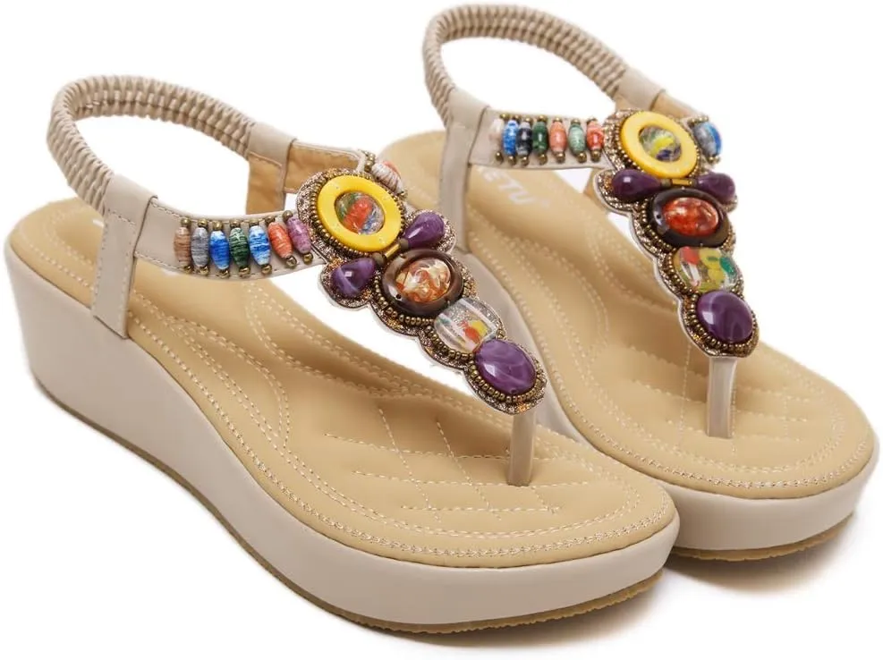 MIOKE Women's Bohemia Beaded Wedge Sandals Summer Beach T-strap Thong Elastic Platform Flip Flops Shoes