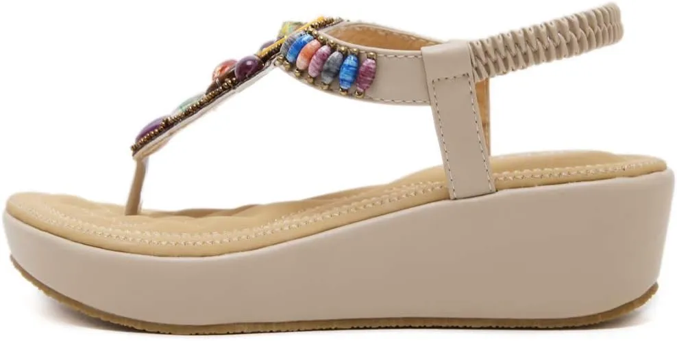 MIOKE Women's Bohemia Beaded Wedge Sandals Summer Beach T-strap Thong Elastic Platform Flip Flops Shoes