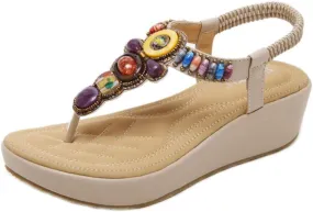MIOKE Women's Bohemia Beaded Wedge Sandals Summer Beach T-strap Thong Elastic Platform Flip Flops Shoes