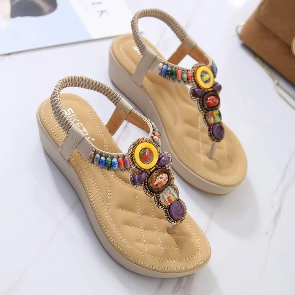 MIOKE Women's Bohemia Beaded Wedge Sandals Summer Beach T-strap Thong Elastic Platform Flip Flops Shoes