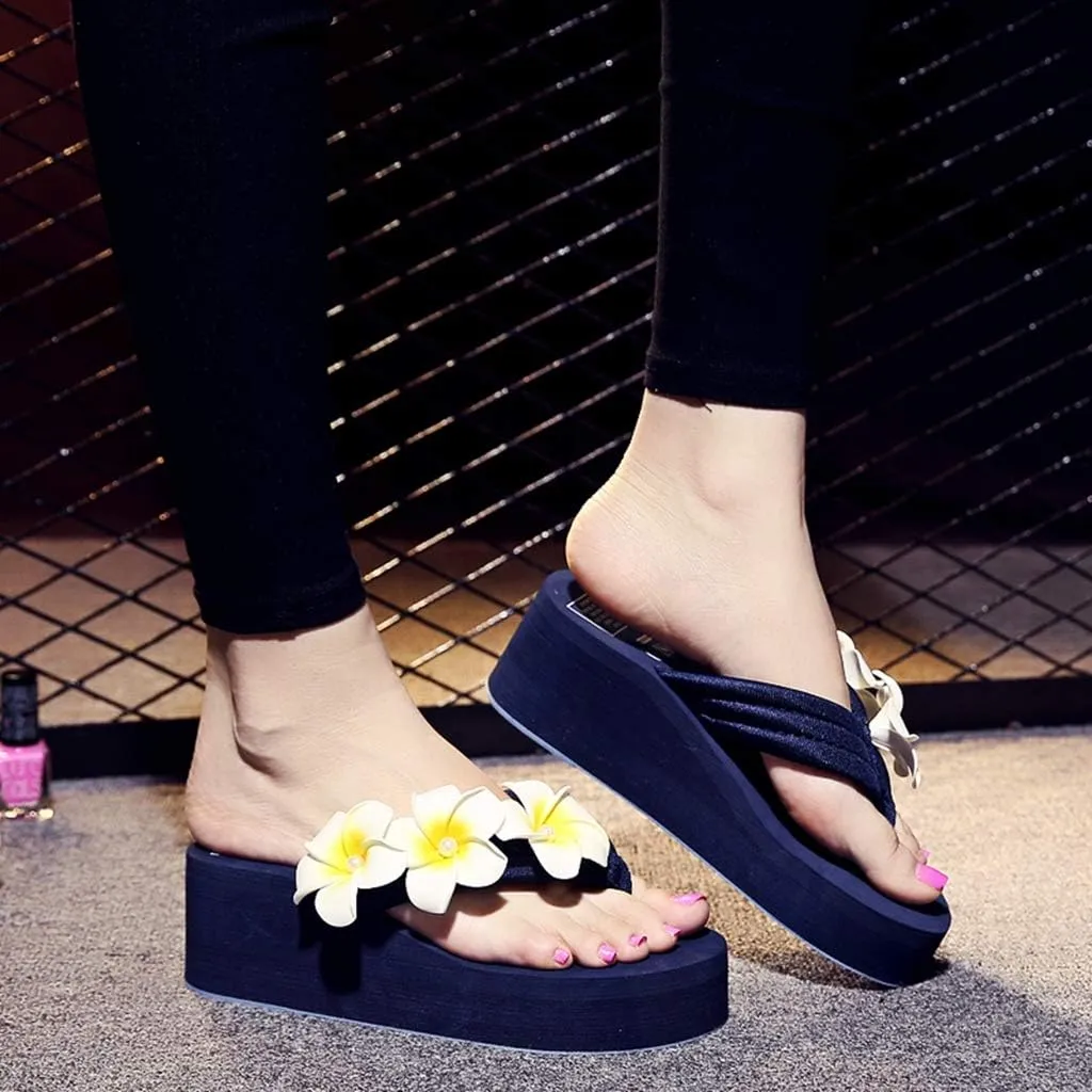 MIOKE Women's Boho Flowers Wedge Flipflops Sandals Summer Comfort Platform Anti-Slip Beach Thong Sandals