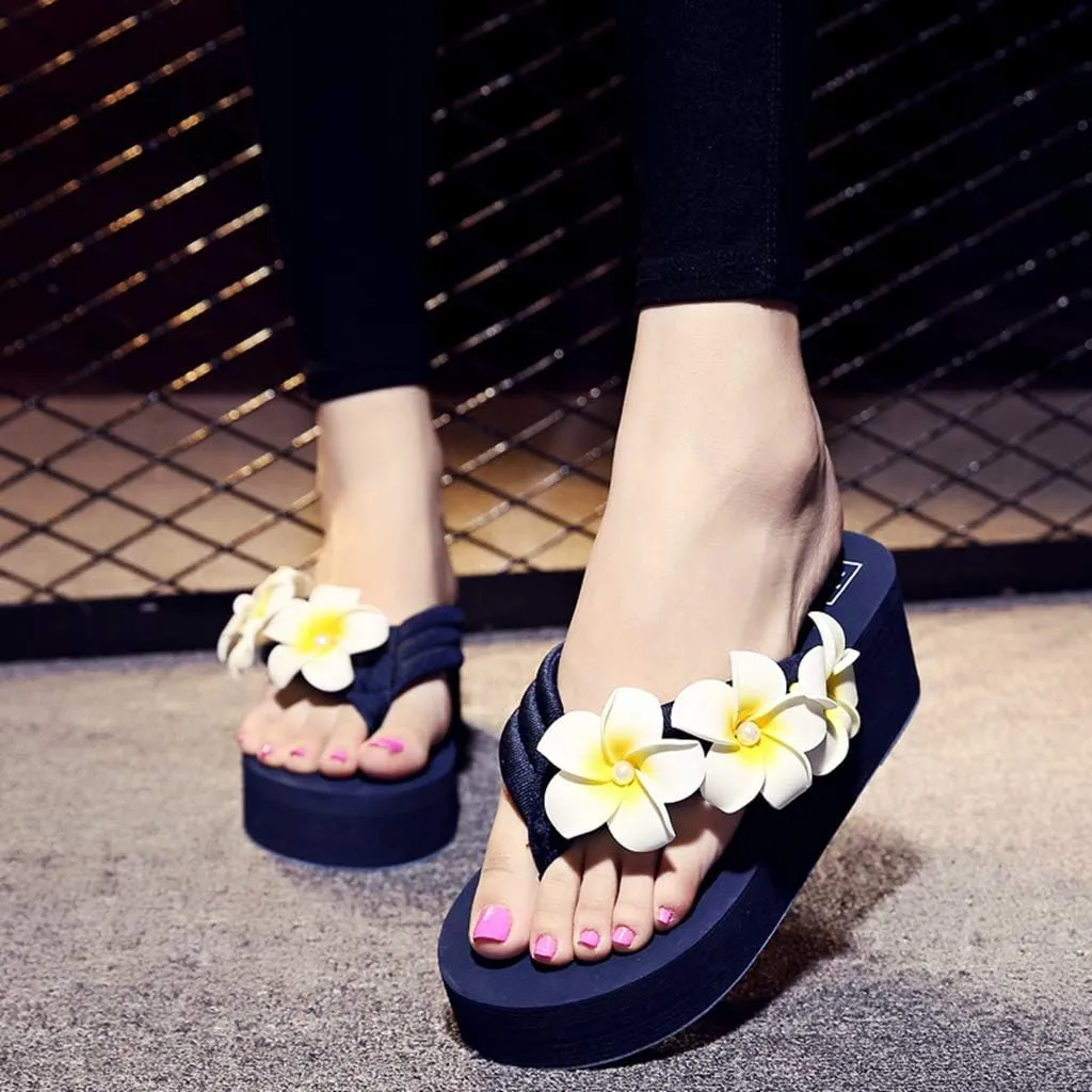 MIOKE Women's Boho Flowers Wedge Flipflops Sandals Summer Comfort Platform Anti-Slip Beach Thong Sandals