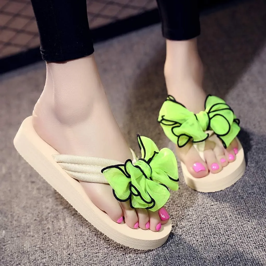 MIOKE Women's Fashion Summer Flat Flipflops Boho Bowknot Comfy Nonslip Platform Beach Slippers Sandals