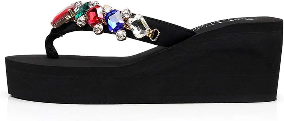 MIOKE Women's Sparkly Rhinestone Wedge Flipflops Summer Platform High Heel Anti-Slip Beach Thong Sandals