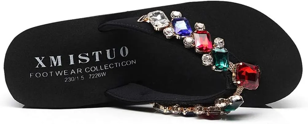MIOKE Women's Sparkly Rhinestone Wedge Flipflops Summer Platform High Heel Anti-Slip Beach Thong Sandals