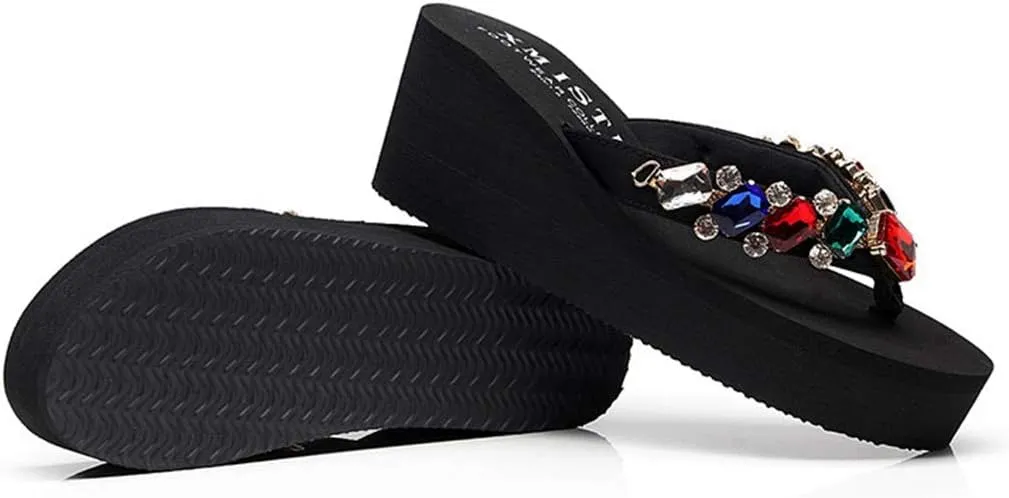 MIOKE Women's Sparkly Rhinestone Wedge Flipflops Summer Platform High Heel Anti-Slip Beach Thong Sandals