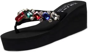 MIOKE Women's Sparkly Rhinestone Wedge Flipflops Summer Platform High Heel Anti-Slip Beach Thong Sandals