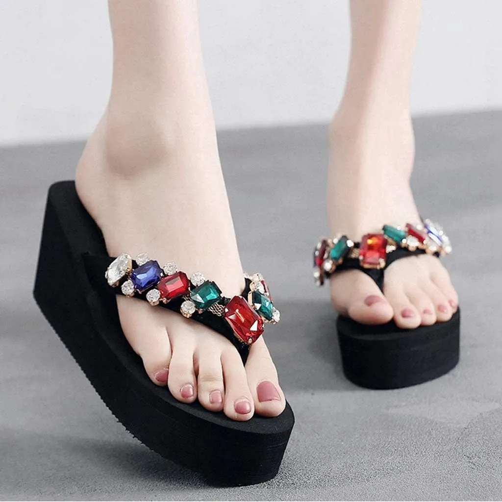 MIOKE Women's Sparkly Rhinestone Wedge Flipflops Summer Platform High Heel Anti-Slip Beach Thong Sandals